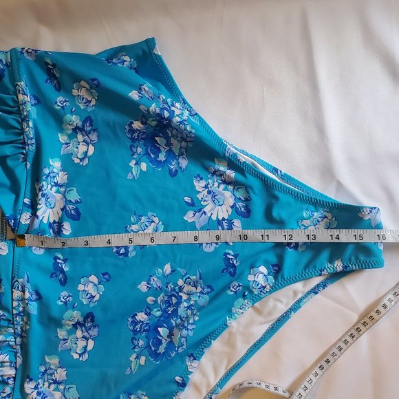 Cupshe One Piece Floral Blue Swimsuit Ruffle Shoulder Sleeves Size 3XL - Picture 9 of 9